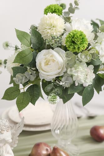 Artificial Flowers Combo for DIY Centerpieces Arrangements Wedding Bridal Bouquet Baby Shower Cake Flower Home Decor (White&green)
