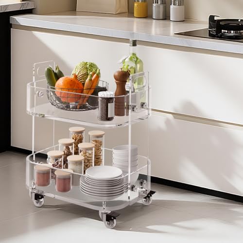 Acrylic Bar Cart with 4 Lockable Wheels (2-Tier Shelf)