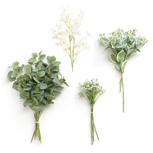 Artificial Faux Greenery Stems 15pcs Sage Green Fake Greenery (Grn-tender Green & Sage Green)