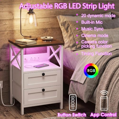 Night Stand with Charging Station (15.7"D x 11.8"W x 23.6"H (2 drawers) / Power+Light (1pc) / Natural Walnut & White)