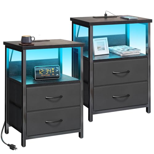 Black Nightstands Set of 2 (15.7"D x 11.8"W x 23.6"H (2 drawers) / Power+Light (2pc) / Black)