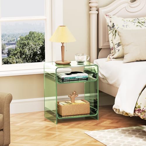 Acrylic End Table Record Player Table with Storage Shelf Clear Side Table Nightstand (Green)