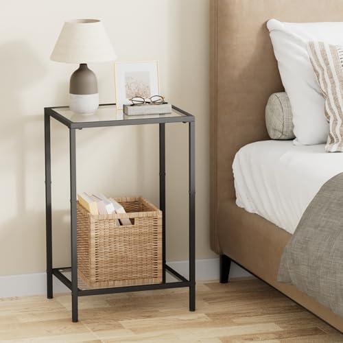 Side Tables Set of 2 with Tempered Glass (Black / 11.8"D x 15"W x 23.6"H)