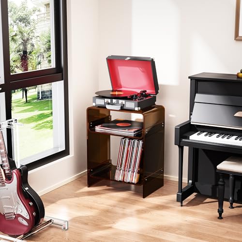 Acrylic Record Player Table with Storage Shelf (Dark Brown / Large)
