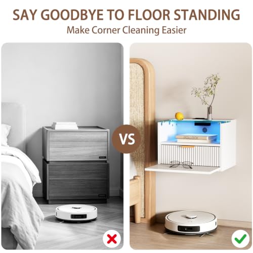 Modern Floating Nightstand Set of 2 with Charging Station & Light (White)