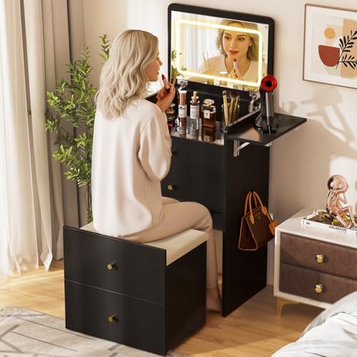 Makeup Vanity Desk with Mirror and Lights (Ink Black)
