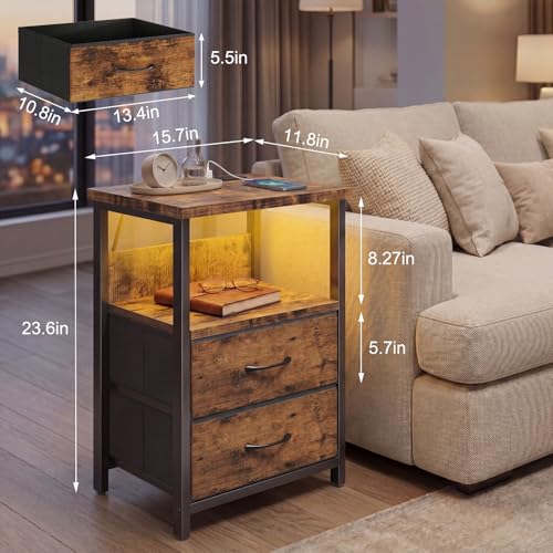 Night Stand with Charging Station (15.7"D x 11.8"W x 23.6"H (2 drawers) / Power+Light (1pc) / Rustic Brown)