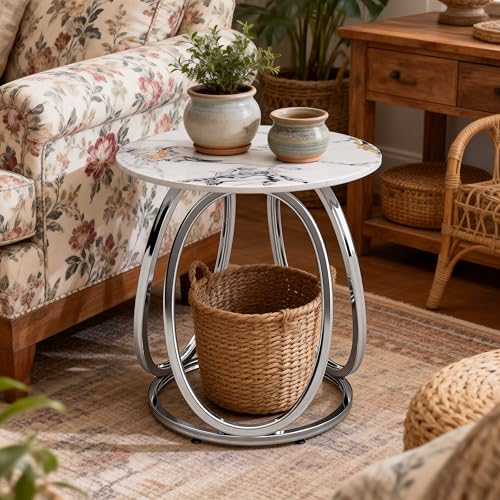 Round End Table with Marbling Stone (White)