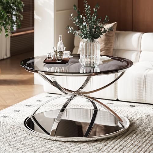 2Pcs Round Glass Coffee Table and End Table Sets with 2 Tiers (Medium / Silver)