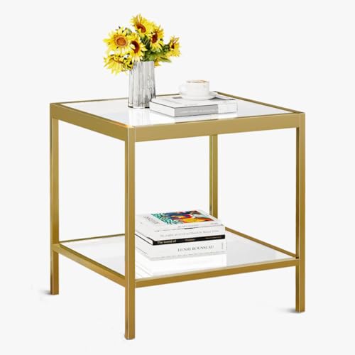 2 Tier Square End Table Side Table with Tempered Glass Top and Gold Metal Frame Modern Night Stand for Small Spaces Side Table with Storage for Living Room Bedroom (Gold / Style 1)
