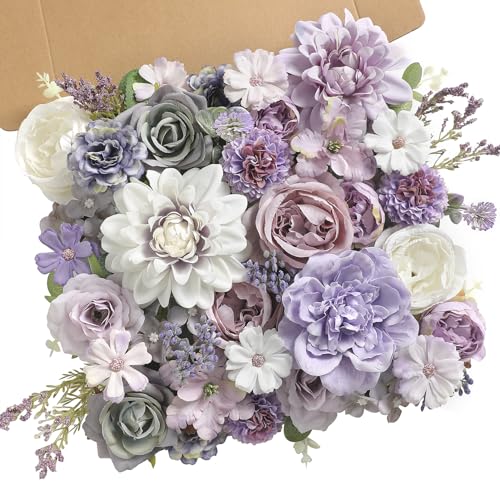 Artificial Flowers Combo for DIY Centerpieces Arrangements Wedding Bridal Bouquet Table Chair Candle Holder Baby Shower Cake Flower Home Decor (White&purple)