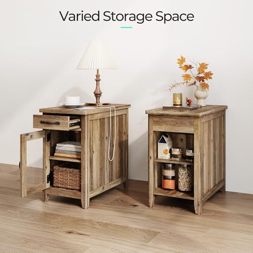 Set of 2 Charging End Tables with USB Ports (Brown / Glass Door)