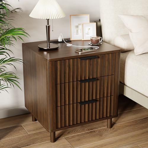 Fluted Nightstand with Charging Station (Walnut / 3 Drawers)