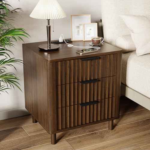 Fluted Nightstand with Charging Station (Walnut / 3 Drawers)