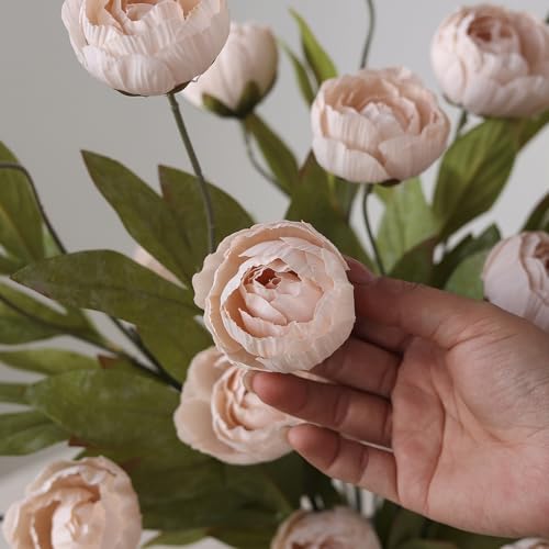 6 Pcs 27" Faux Silk Peony Artificial Flowers Stems for Vase (Beige)
