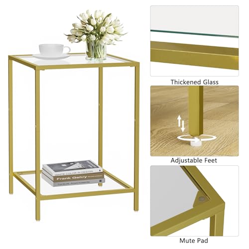 Side Tables Set of 2 with Tempered Glass (Gold / 15.7"D x 15.7"W x 23.6"H)