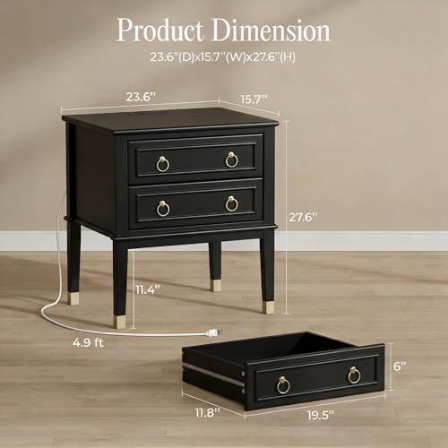 27.6 Inch Tall Nightstand with Charging Station (Black)