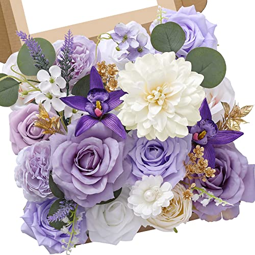 Artificial Flowers Combo Blue Fake Flowers for Wedding Home Decor (Purple White / 1 Box)