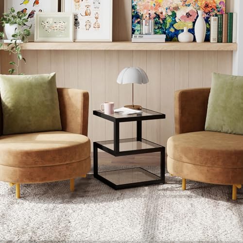 3 Tier Floating Side Table with Clear Tempered Glass and Metal Frame (Black)