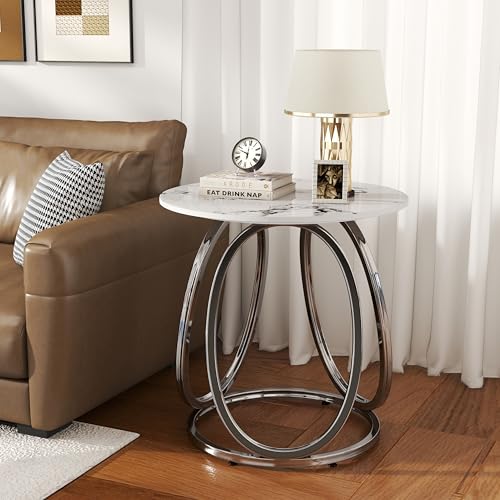 Round End Table with Marbling Stone (White)