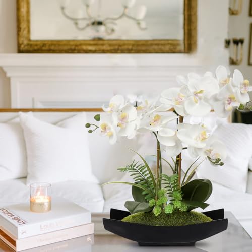 Orchid Artificial Flowers 15in White Fake Orchid Silk Flowers with Black Pot Faux Phalaenopsis Arrangement for Home Office Room Table Centerpiece Modern Decor (Black White)