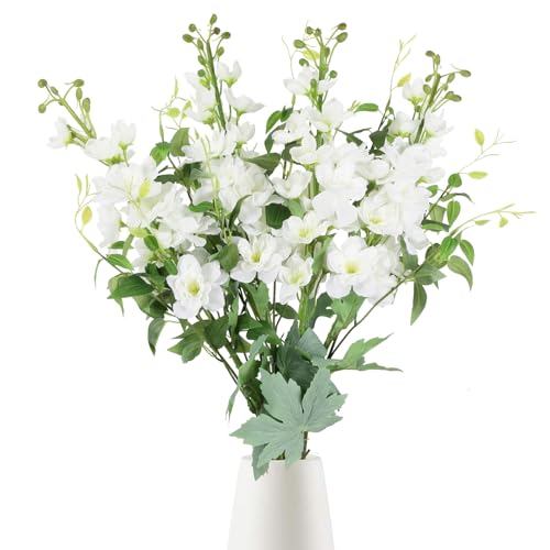 8PCS Artificial Delphinium White Flowers with Clematis Greenery Long Stem Artificial Flowers Cream for Tall Vase for Home Wedding Floral Arrangement Centerpiece Table Decor (Cream White)