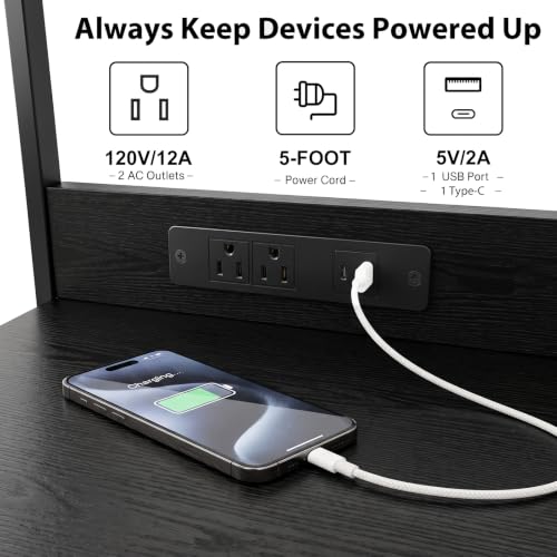 Night Stand with Charging Station (15.7"D x 11.8"W x 23.6"H (2 drawers) / Power+Light (1pc) / Black Fluted)