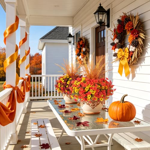 Artificial Fall Mums Flowers Fake Plants for Outdoors Decoration (3 Mixed Colors(6 Yellow,6 Orange,1 Fern))