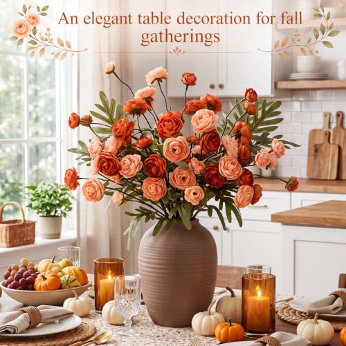Rivrlive 12 Pcs Fall Orange Ranunculus Artificial Flowers (Orange)