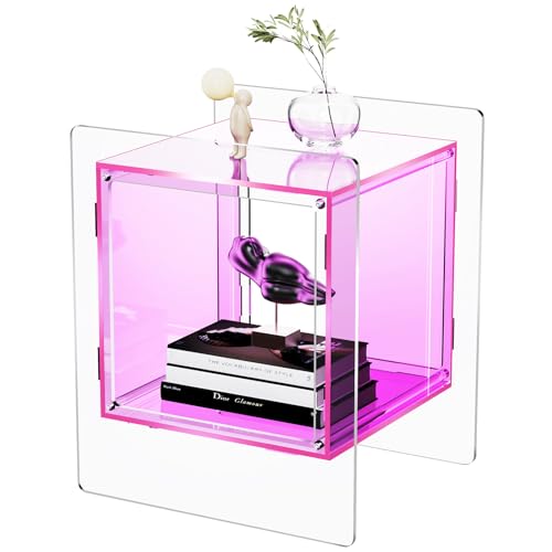 Acrylic Nightstand Colorful Bedside Table with Open Storage Shelf (Pink)