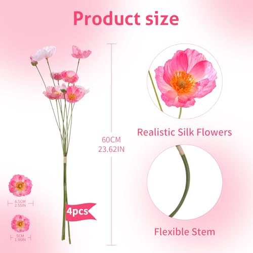 12PCS 36Heads Artificial Poppy Flowers with Stems (Light Pink+rose Pink+light Purple)