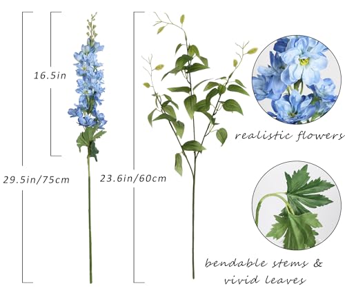 8PCS Blue Delphinium Artificial Flowers 29.5" Combo Clematis Greenery 23.6" Long Stem Flowers for Tall Vase Larkspur Silk Flowers Floral Arrangements Table Party Home Decor (Blue)