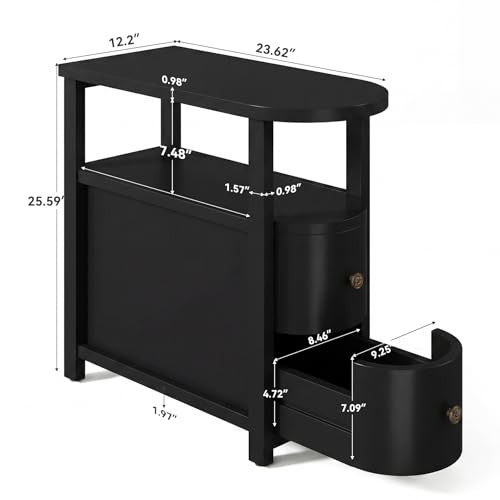 Solid Wood End Table Set 2 with 2 Drawers & Open Shelf (Black)