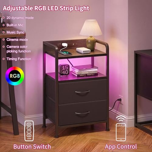 Black Led Nightstand (15.7"D x 11.8"W x 24.2"H (2 drawers) / Power+Light (1pc) / Black)