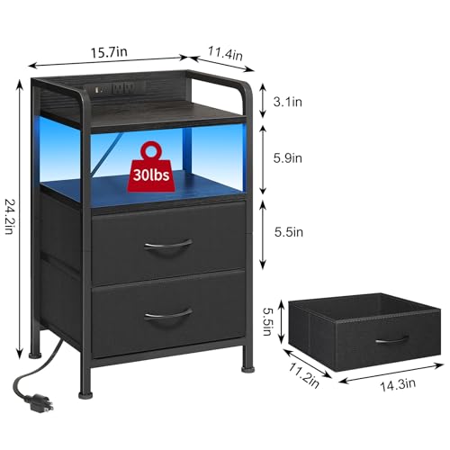 Black Led Nightstand (15.7"D x 11.8"W x 24.2"H (2 drawers) / Power+Light (1pc) / Black)