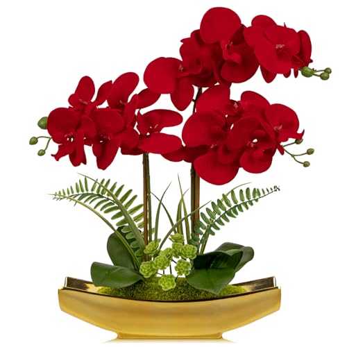 Orchid Artificial Flowers 17" Silk Red Orchid Floral Arrangement with Gold Pot Real Touch Faux Orchid Plant for Home Office Room Kitchen Table Centerpiece Shelf Decor (Red Gold)