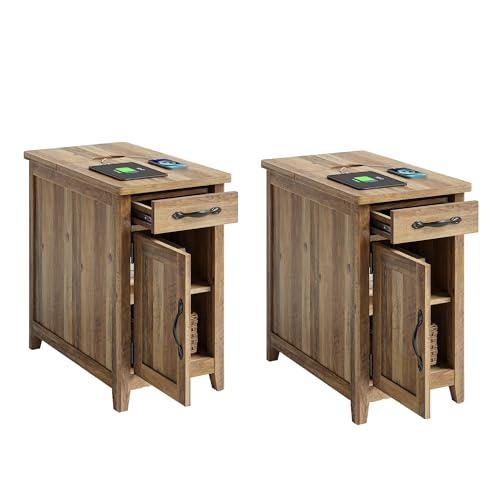 Set of 2 Charging End Tables with USB Ports (Brown / Wood Door)