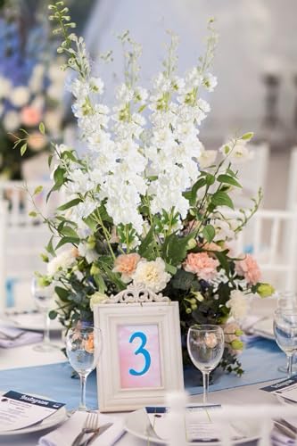 White Flowers Artificial Delphinium 9PCS with Clematis Greenery for Wedding & Home Decor (White)