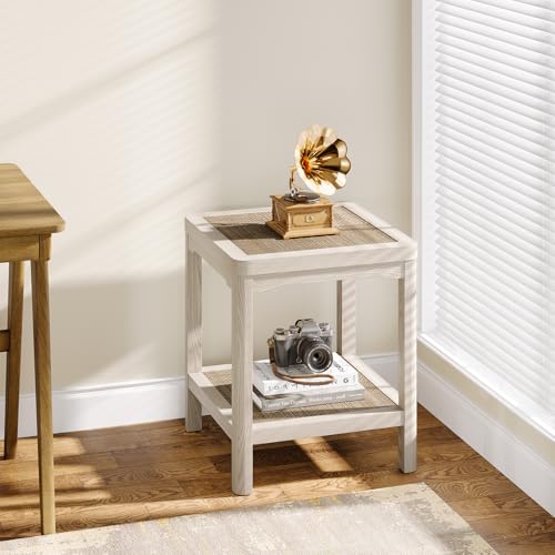 Square Rattan End Table Side Table Set of 2 with Round Edge Design (Creamy White, Square)