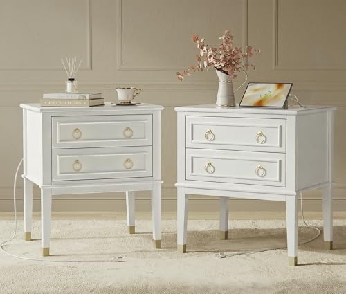27.6 Inch Tall Nightstand with Charging Station (White)