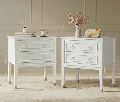27.6 Inch Tall Nightstand with Charging Station (White)