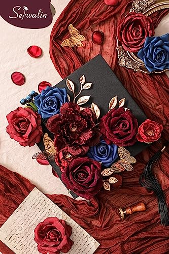 Burgundy Navy Artificial Flowers Silk Rose Flowers for Wedding (Burgundy Navy / 1 Box)