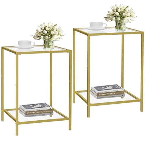 Side Tables Set of 2 with Tempered Glass (Gold / 15.7"D x 15.7"W x 23.6"H)