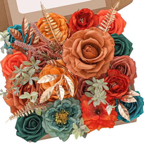 Teal Burnt Orange Silk Flowers Fall Artificial Flowers for Wedding (A Athens Orange Teal Blue / 2 Boxes)