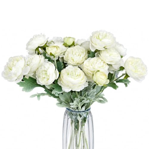 Artificial Flowers White Peonies 10pcs 30Heads Bouquet Fake Peonies Artificial Ranunculus Flowers for Indoor Faux Floral Arrangements Home Table Kitchen Wedding Party Farmhouse Decor ﻿ (White(10pcs))