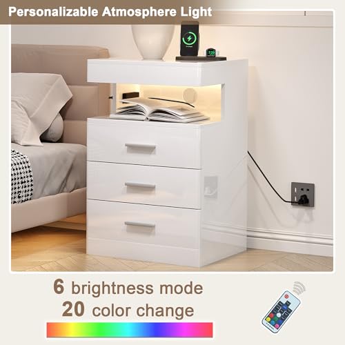 Led Nightstand with Hidden Space & Charging Station (White)