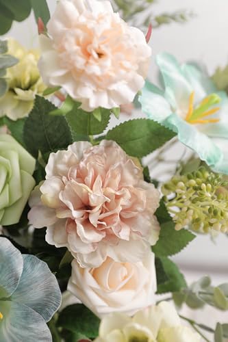 Artificial Flower Combo Fake Peony Rose Silk Flowers for DIY Wedding Bridal Bouquet Centerpieces Arrangements Party Decorations (Blue-green)