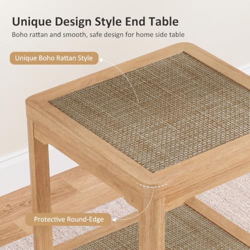 Square Rattan End Table Side Table with Round Edge Design (Natural Oak, Square)