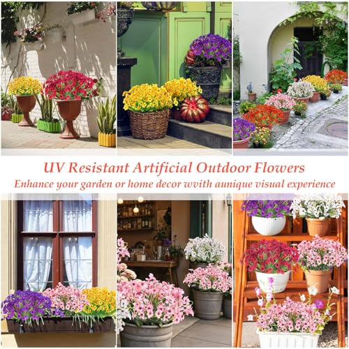 32 Bundles Realistic Artificial Flowers Bulk for Outdoors (Mixed 8 Colors)