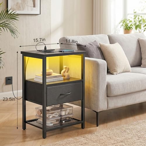 Night Stand with Charging Station (15.7"D x 11.8"W x 23.5"H (1 drawer) / Power+Light (1pc) / Black)